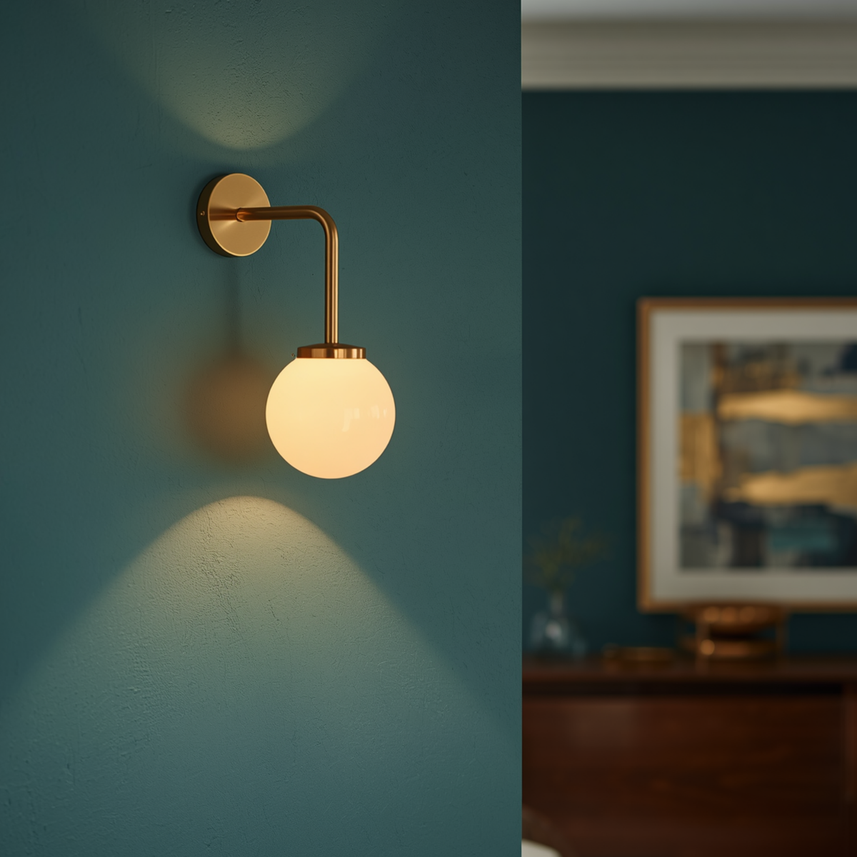 A modern gold arm wall sconce with a frosted glass globe bulb mounted on a dark teal wall casting soft light.