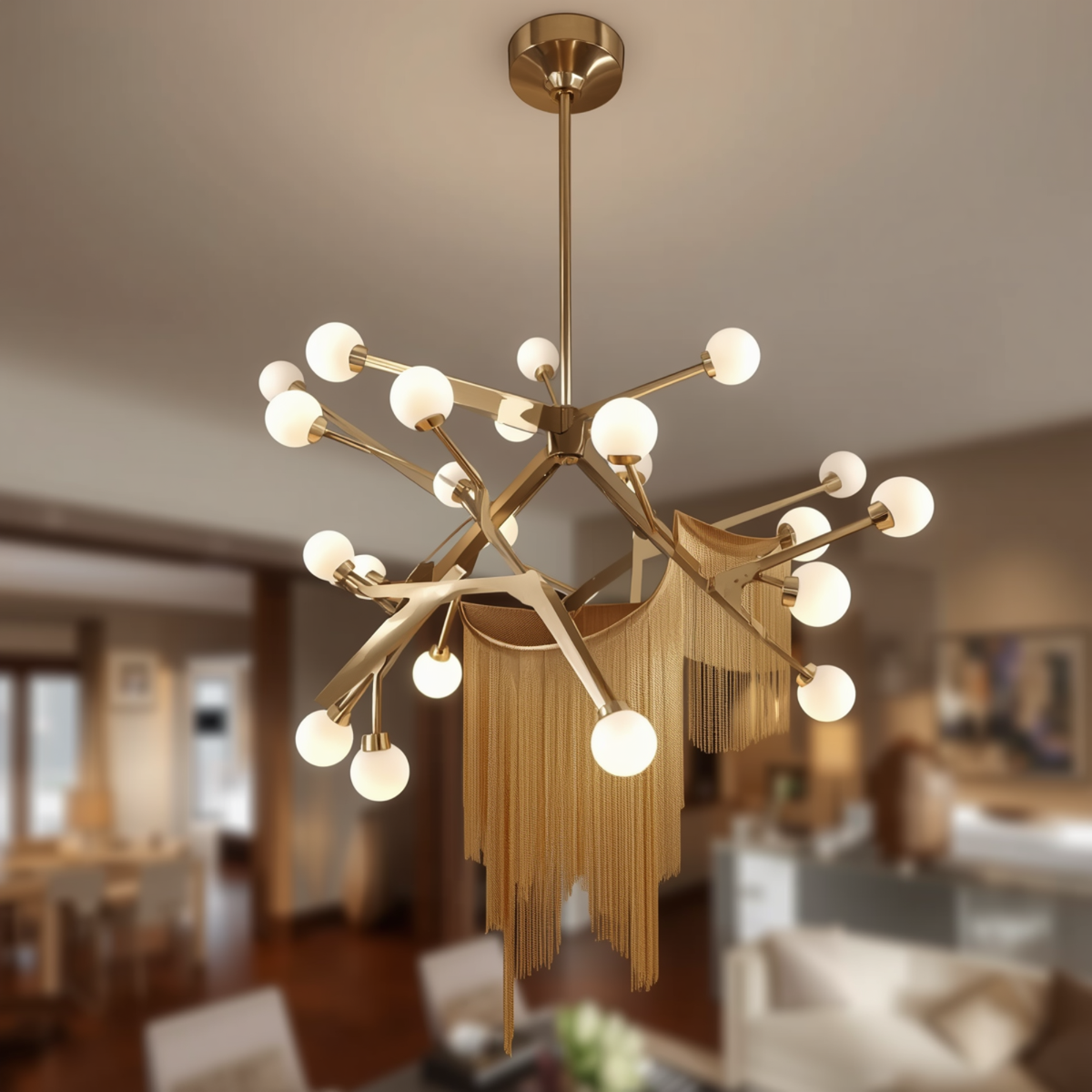 A modern gold branch chandelier with globe bulbs and draping gold chain fringe hanging in a spacious contemporary living area.