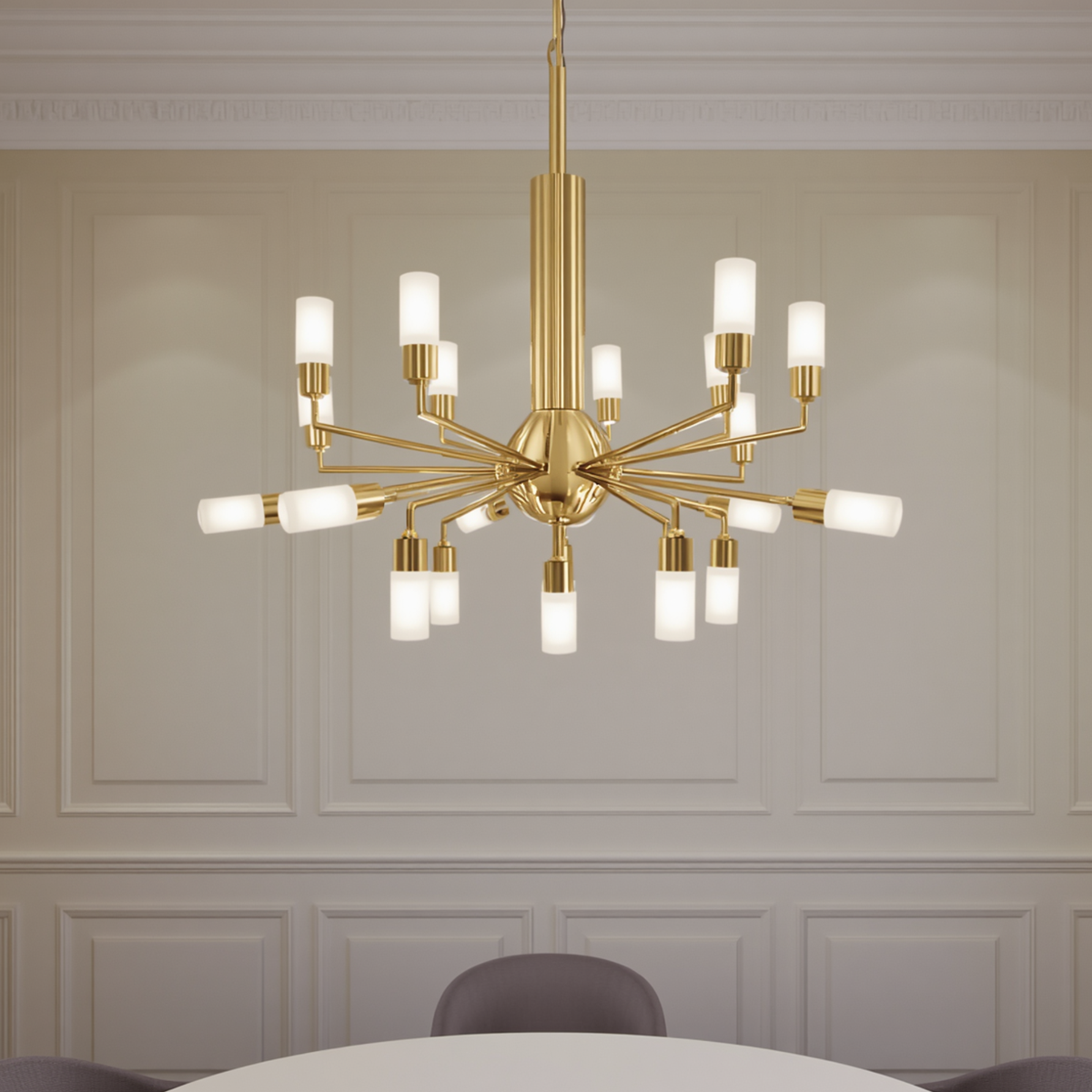 A large gold multi-bulb tiered chandelier hanging above a dining table against a classic paneled wall.