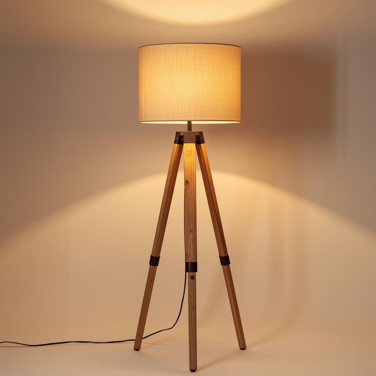 A modern wooden tripod floor lamp with dark hardware accents and a fabric drum shade standing against a neutral wall.