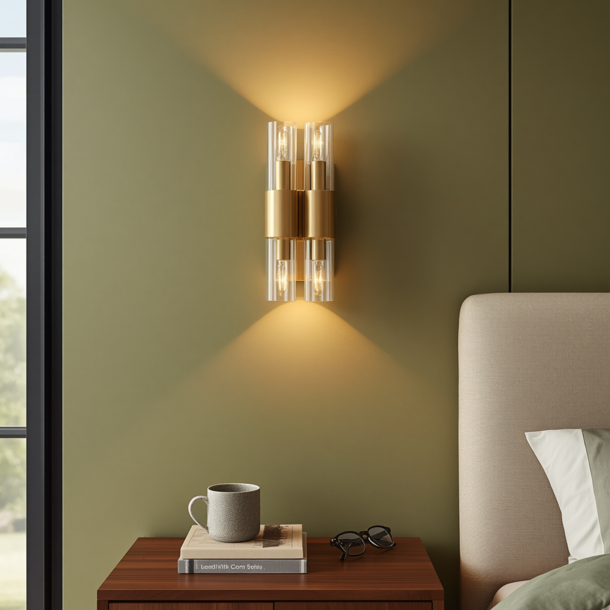 A modern gold four-bulb glass cylinder wall sconce mounted on an olive green wall above a bedside table with a mug and books.