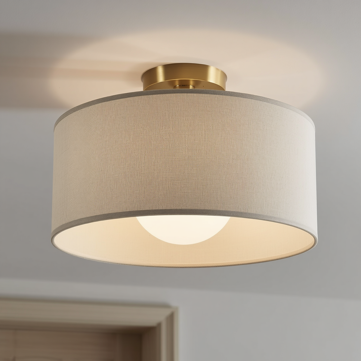 A brass flush mount ceiling light with a fabric drum shade installed on a white ceiling.