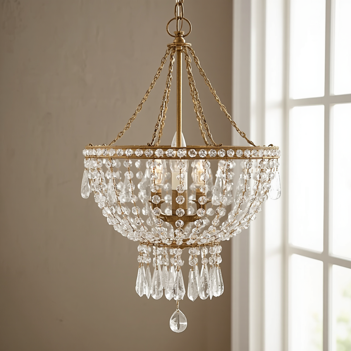An antique gold crystal beaded basket chandelier hanging near a window with cascading teardrop crystals.