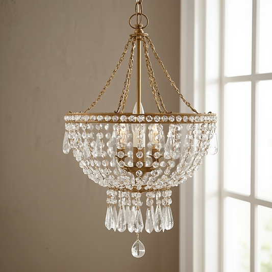 An antique gold crystal beaded basket chandelier hanging near a window with cascading teardrop crystals.