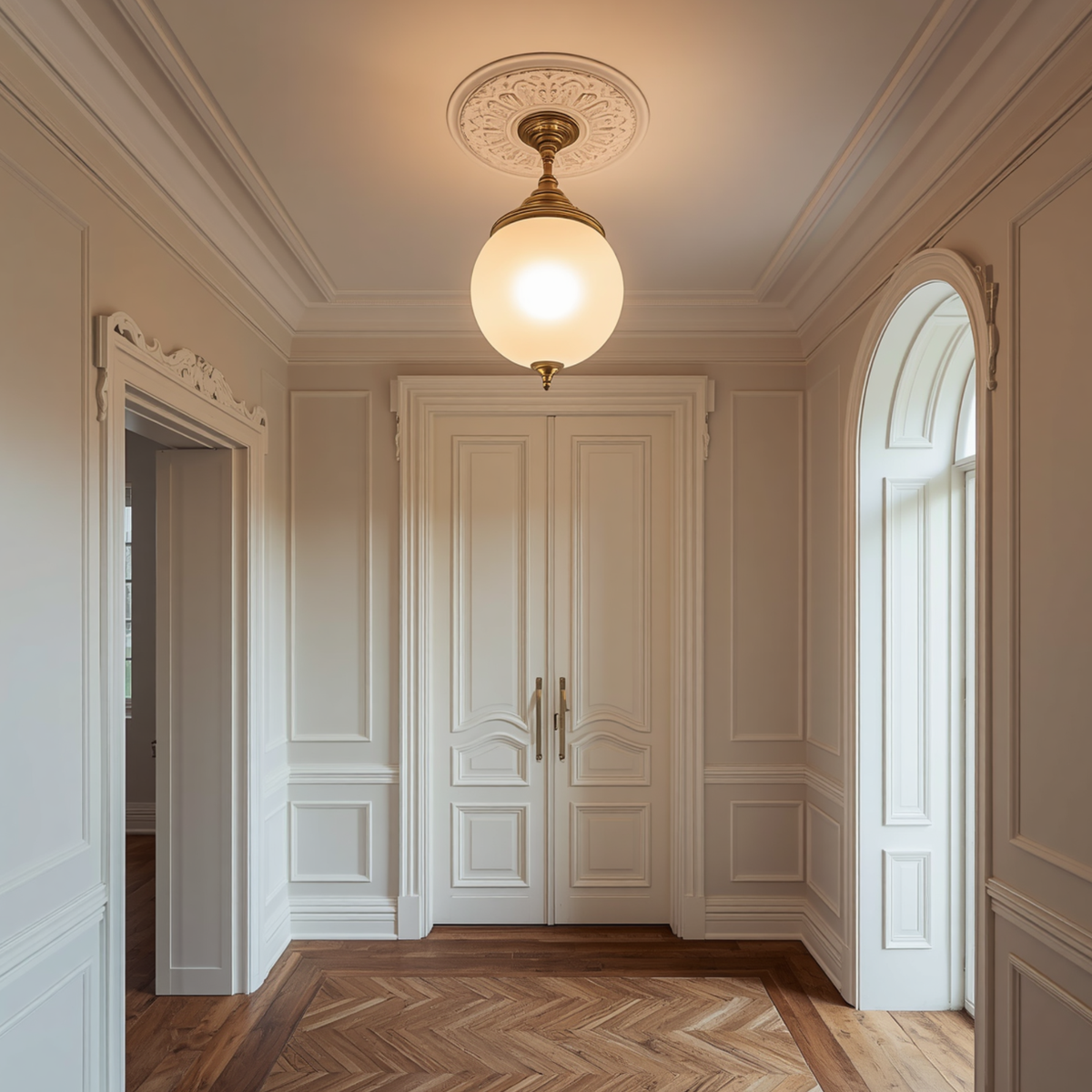 A brass and frosted glass globe semi flush mount ceiling light hanging in a classic paneled hallway with double doors and parquet flooring.