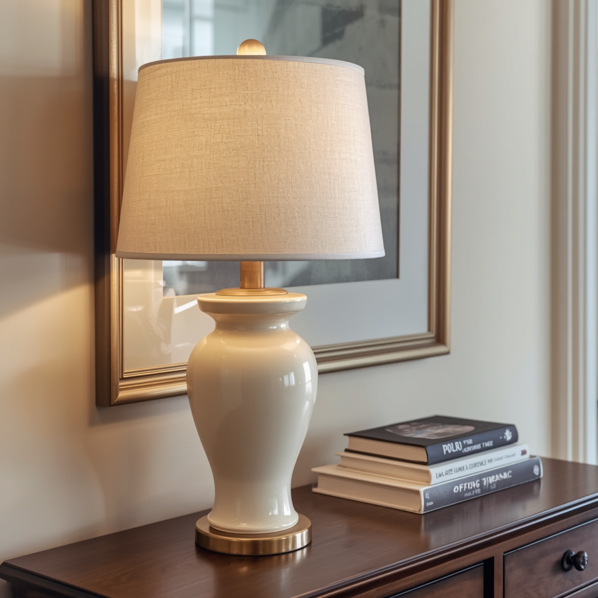 A classic glossy ivory ceramic table lamp with a fabric shade placed on a dark wooden surface next to stacked books and a framed picture.   