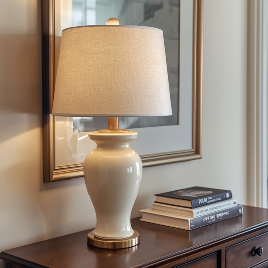A classic glossy ivory ceramic table lamp with a fabric shade placed on a dark wooden surface next to stacked books and a framed picture.   