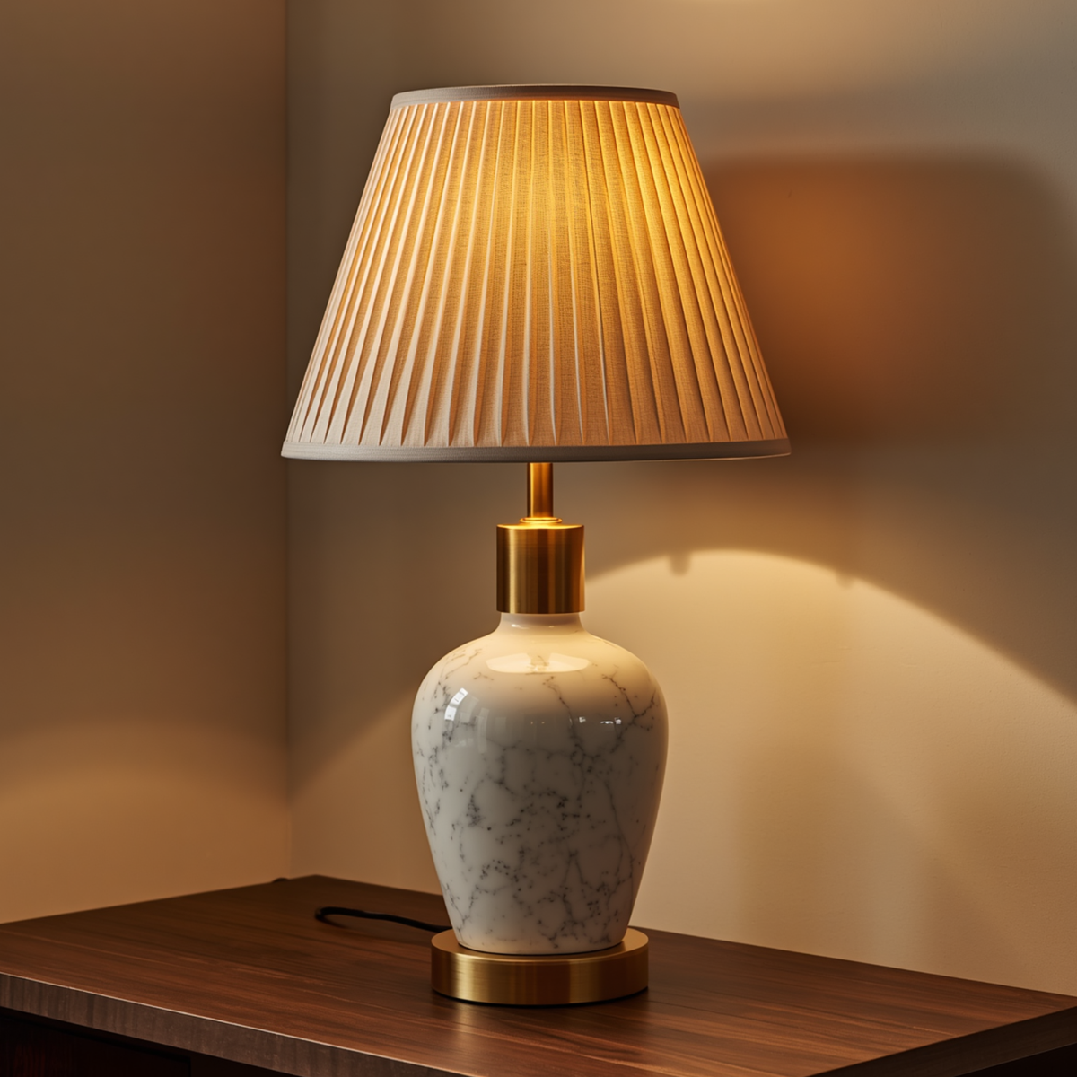 A classic white marble patterned ceramic table lamp with a pleated fabric shade placed on a dark wooden table.   
