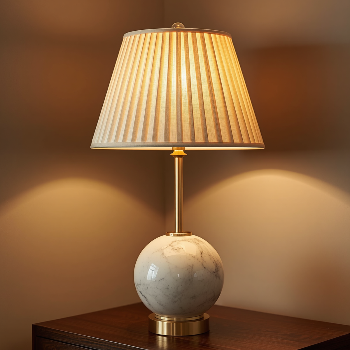 A classic white marble sphere base table lamp with a pleated fabric shade placed on a dark wooden surface.   