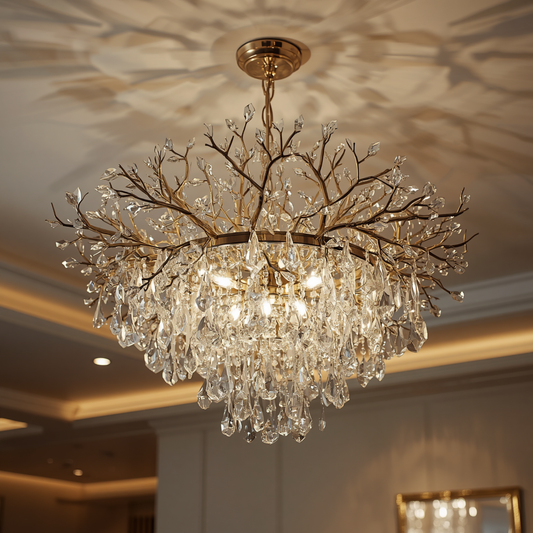 A gold crystal branch chandelier with hanging glass prisms installed on a ceiling.