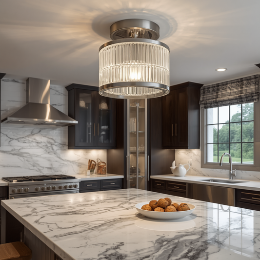 A brushed nickel and fluted glass drum semi flush mount ceiling light hanging in a luxury modern kitchen above a marble island.
