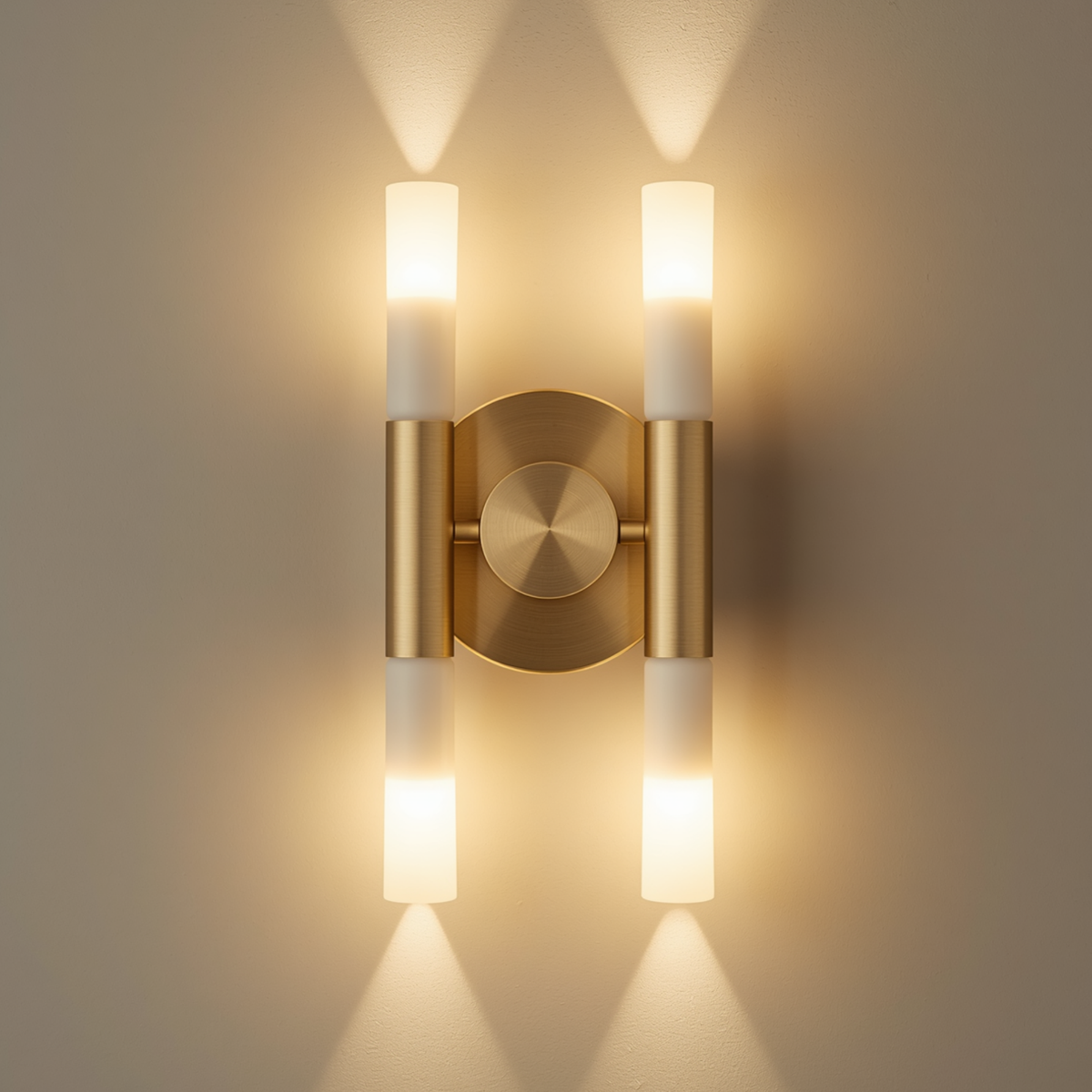 A modern gold dual cylinder wall sconce light with frosted glass ends mounted on a neutral wall casting upward and downward light beams.