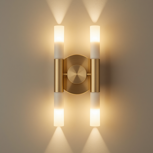 A modern gold dual cylinder wall sconce light with frosted glass ends mounted on a neutral wall casting upward and downward light beams.