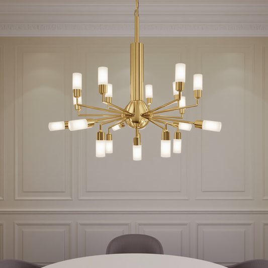 A large gold multi-bulb tiered chandelier hanging above a dining table against a classic paneled wall.