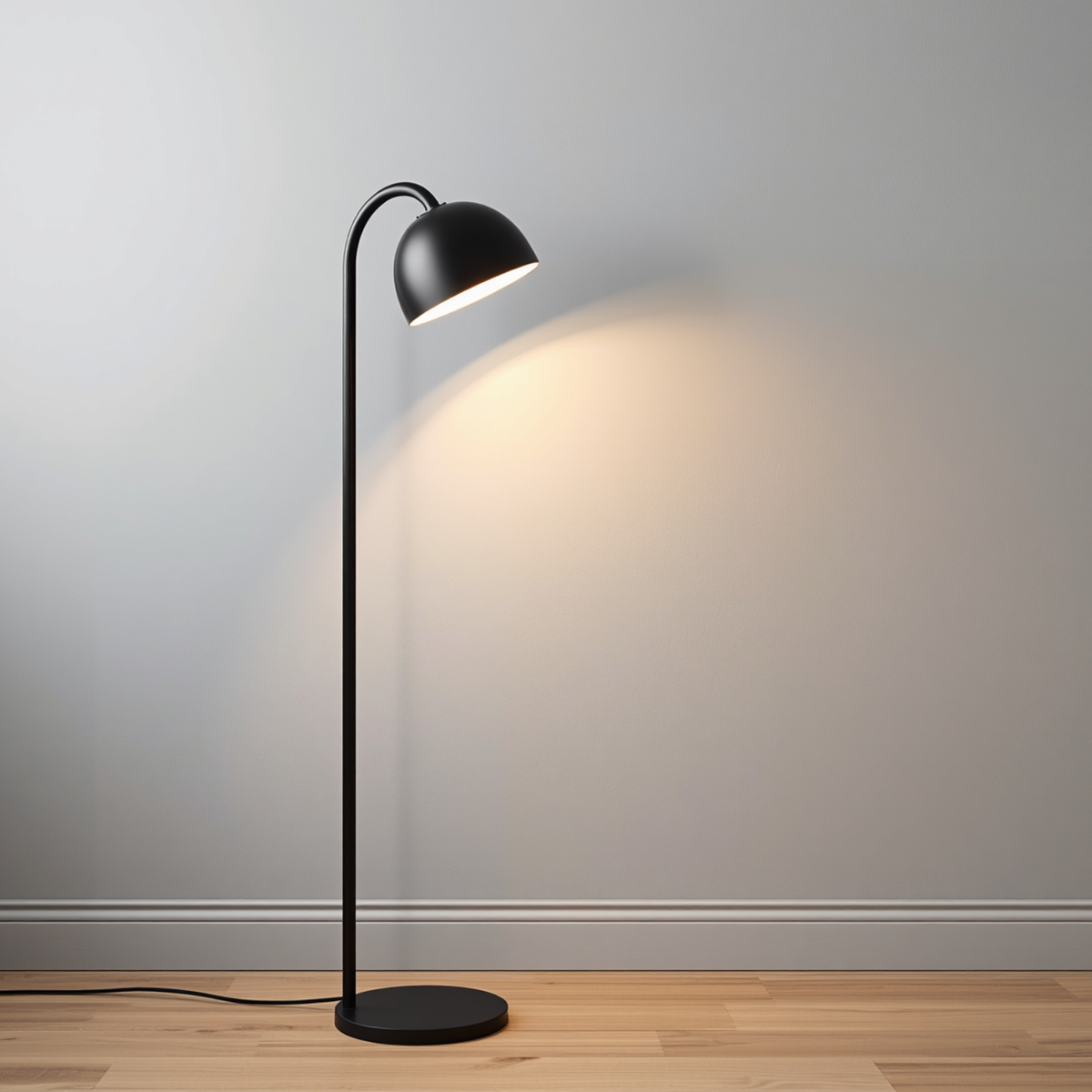 A modern matte black floor lamp with a curved top and dome shade standing on a wooden floor against a neutral wall.