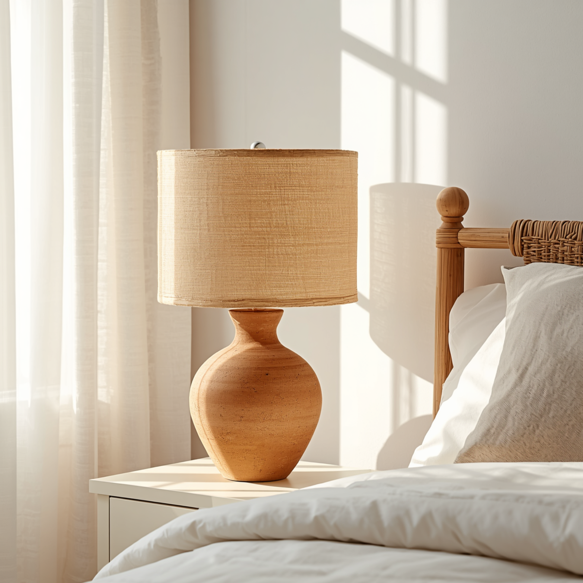 A natural terracotta base bedside lamp with a textured shade placed on a nightstand next to a bed.