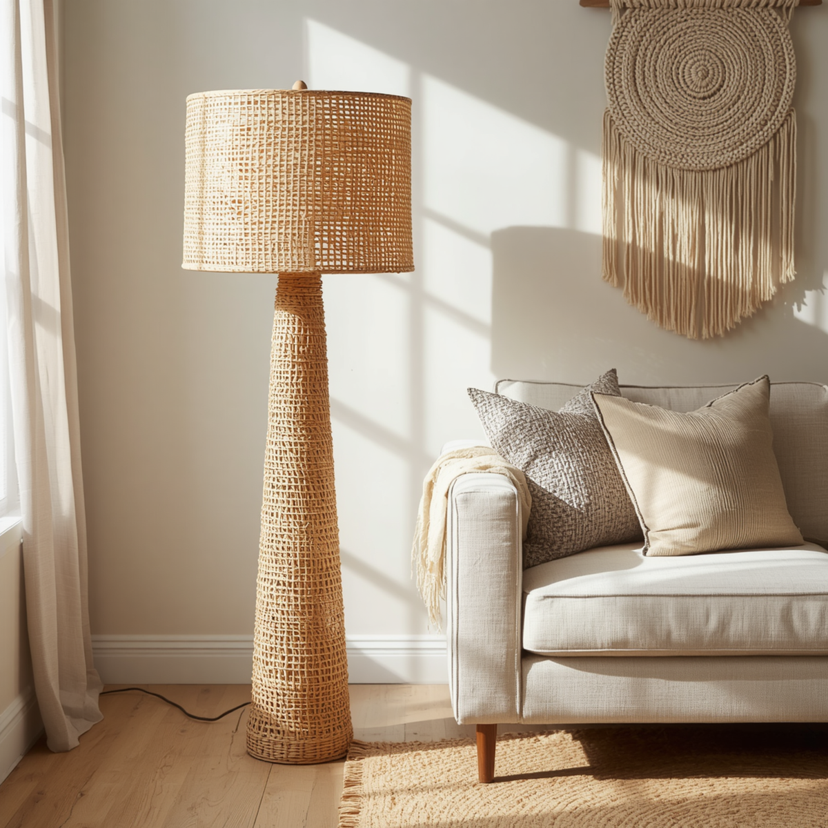 A tall natural woven rattan tapered floor lamp and matching shade standing in a living room next to a couch and wall decor.